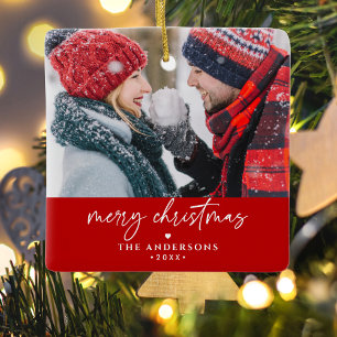 Merry Christmas Family/Couple's Names 2-Photo Ceramic Ornament