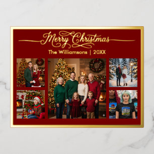 Merry Christmas Family Five Photo Red Foil Holiday Postcard
