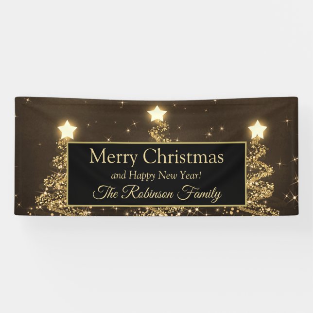 Merry Christmas Family Gold Sparkling Trees Banner (Horizontal)