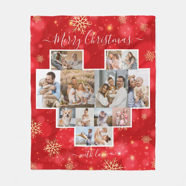 Merry Christmas Family Heart Modern Photo Collage  Fleece Blanket (Front)