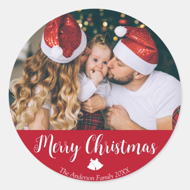 Merry Christmas family holiday photo text Classic Round Sticker (Front)