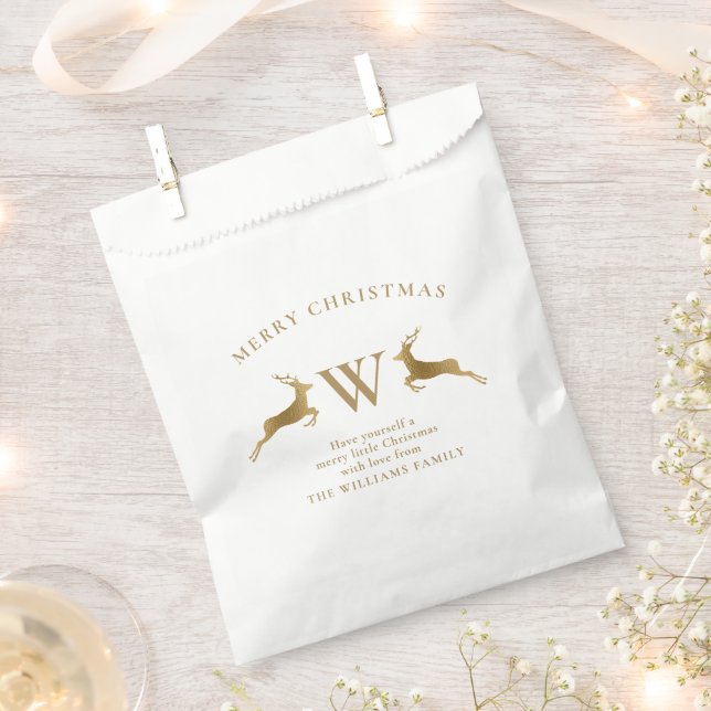 Merry Christmas Family Monogram Gold Deer  Favour Bag (Clipped)