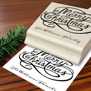 Merry Christmas Family Name Festive Decorative Rubber Stamp