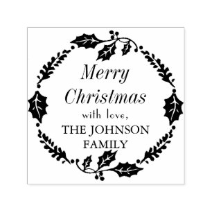 Merry Christmas Family Name Holly Wreath Stamp
