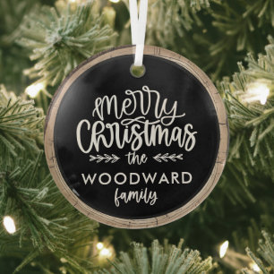 Merry Christmas Family Name Keepsake Tree Glass Ornament