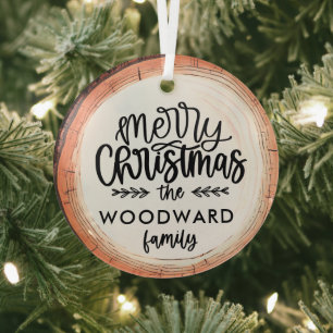 Merry Christmas Family Name Keepsake Tree Glass Ornament