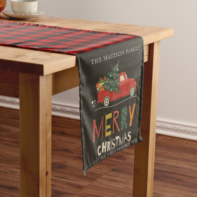 Merry Christmas Family Name Lumberjack Plaid Short Table Runner (In Situ)