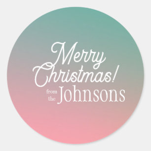 Merry Christmas Family Name Modern Ombre Classic Round Sticker