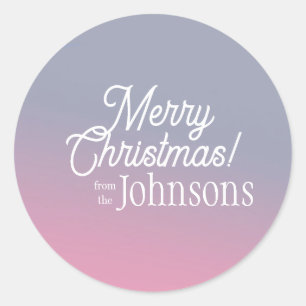 Merry Christmas Family Name Ombre Lilac Pink Classic Round Sticker