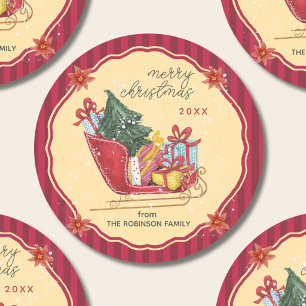 Merry Christmas Family Name Sleigh Red Stripes Classic Round Sticker