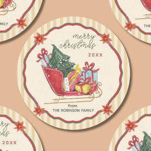 Merry Christmas Family Name Sleigh Stripes Classic Round Sticker