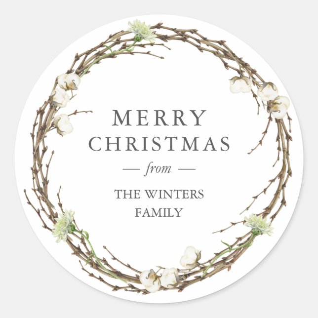 Merry Christmas Family Name Winter Greenery Classic Round Sticker (Front)