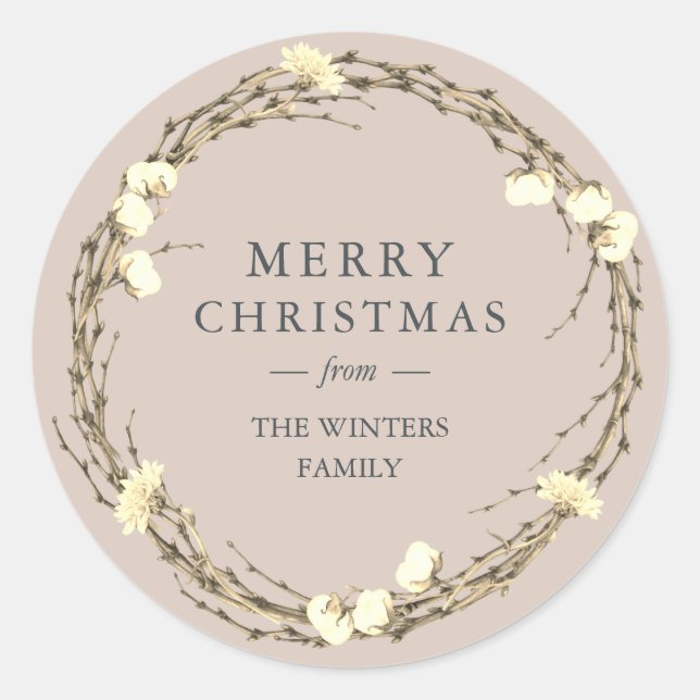 Merry Christmas Family Name Winter Greenery Classic Round Sticker (Front)