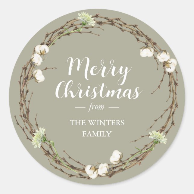 Merry Christmas Family Name Winter Greenery Classic Round Sticker (Front)