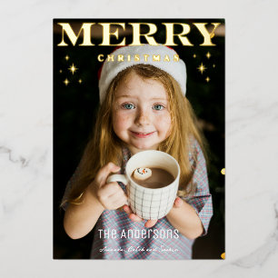 Merry Christmas Family Photo Black Gold Stars Foil Holiday Card