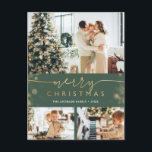 Merry Christmas Family Photo Collag Modern Holiday Postcard<br><div class="desc">Merry Christmas postcards with return address featuring multi photo collage (4 / four pictures), faux gold foil handwritten calligraphy and bokeh border, against green background. Easily customize with your favourite images, colours and text. NOTE: to adjust the subject of the photos (bottom ones), enter the design tool, select the photo...</div>