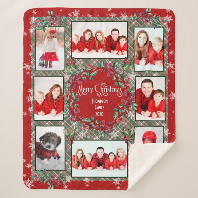 Merry Christmas Family Photo Collage Name Template Sherpa Blanket (Front)