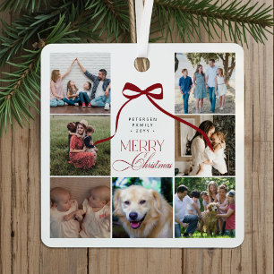 Merry Christmas family photo collage red bow Metal Ornament