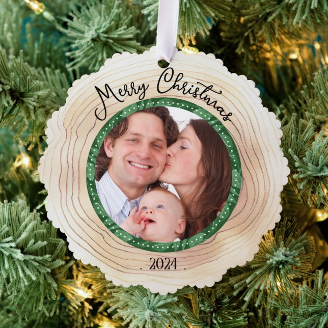 Merry Christmas Family Photo Custom GREEN Ornament Card (Insitu (Tree))