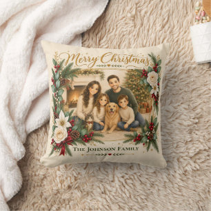 Merry Christmas Family Photo Evergreen Cranberry Throw Pillow