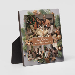 Merry Christmas Family Photo Evergreen Gold Ribbon Plaque