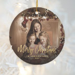 Merry Christmas Family Photo Gold Script Ceramic Ornament<br><div class="desc">Spread holiday cheer to friends and family with this modern keepsake ornament. The gold faux foil text reads "Merry Christmas" in elegant handwriting script. Replace the sample image with your favourite photo,  and add your family name and the year. A black gradient filter helps make the text pop.</div>