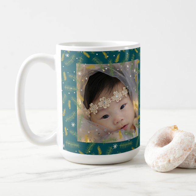 Merry Christmas Family Photo Green Frame Coffee Mug (With Donut)