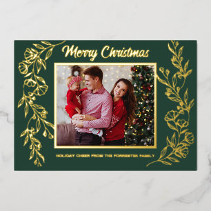 Merry Christmas family Photo green leaf art Foil Holiday Card
