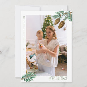 Merry Christmas family photo green pine branches Holiday Card