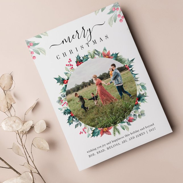 Merry Christmas Family Photo Greetings Card (Christmas Holidays Family Photo Botanical Greetings Card)