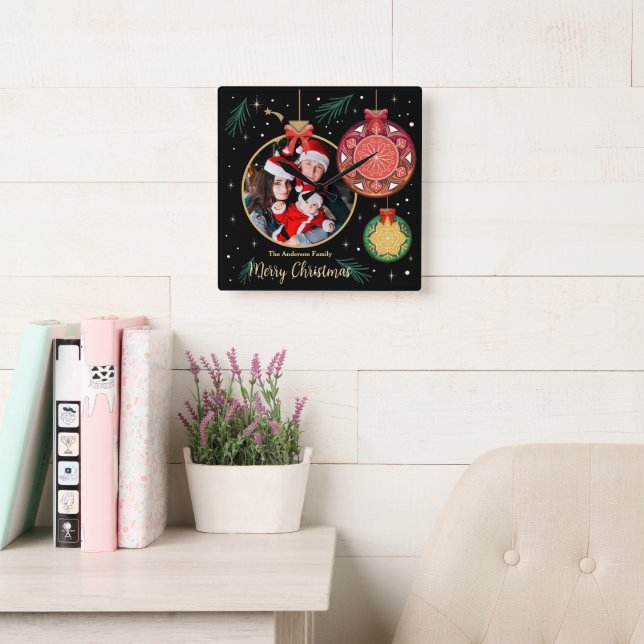  Merry Christmas Family Photo Holidays Personalize Square Wall Clock (Reading Room)