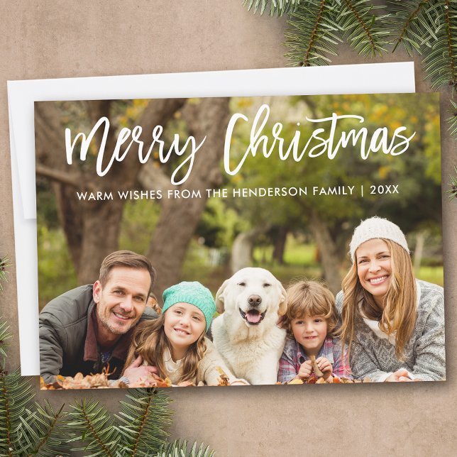 Merry Christmas Family Photo Modern Brush Script Holiday Card (Customize to add text to back of card.)