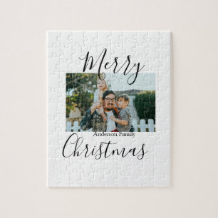 Merry Christmas family photo modern elegant rustic Jigsaw Puzzle