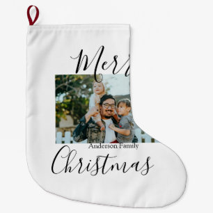 Merry Christmas family photo modern elegant rustic Large Christmas Stocking