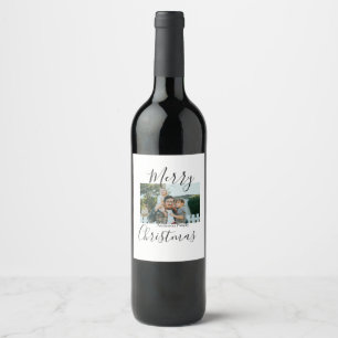 Merry Christmas family photo modern elegant rustic Wine Label