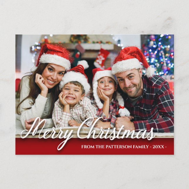 Merry Christmas Family Photo Modern Red Postcard (Front)