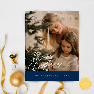Merry Christmas Family Photo, Navy Blue Postcard