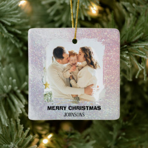 Merry Christmas Family Photo Pink Glitter Ornament