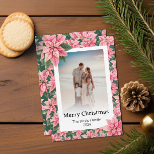 Merry Christmas Family Photo Pink Poinsettia Holiday Card