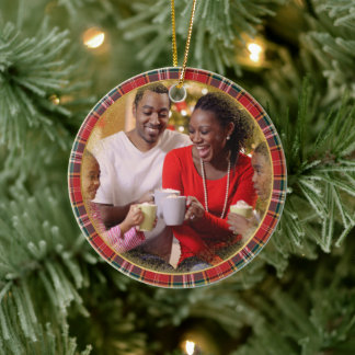 Merry Christmas Family Photo Red Green Plaid  Ceramic Ornament