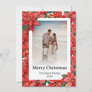 Merry Christmas Family Photo Red Poinsettia Flower Holiday Card