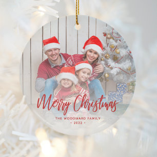 Merry Christmas Family Photo Red Script Ceramic Ornament