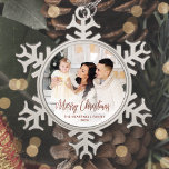 Merry Christmas Family Photo Rose Gold Script Snowflake Pewter Christmas Ornament<br><div class="desc">Spread holiday cheer to friends and family with this modern keepsake ornament. The rose gold faux foil text reads "Merry Christmas" in elegant handwriting script. Replace the sample image with your favourite photo,  and add your family name and the year. A white gradient filter helps make the text pop.</div>