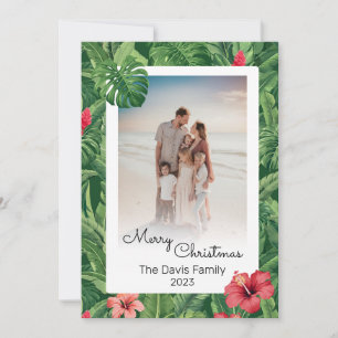 Merry Christmas Family Photo Tropical Flower Leaf Holiday Card