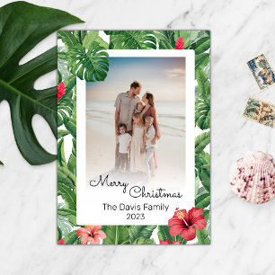 Merry Christmas Family Photo Tropical Flower Leaf  Holiday Card