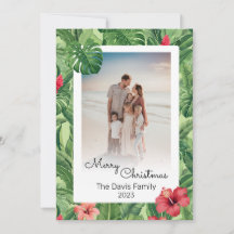 Merry Christmas Family Photo Tropical Flower Leaf 