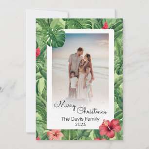 Merry Christmas Family Photo Tropical Flower Leaf  Holiday Card