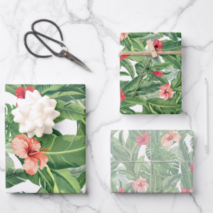 Merry Christmas Family Photo Tropical Flower Leaf Wrapping Paper Sheet