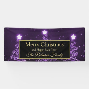 Merry Christmas Family Purple Sparkling Trees Banner