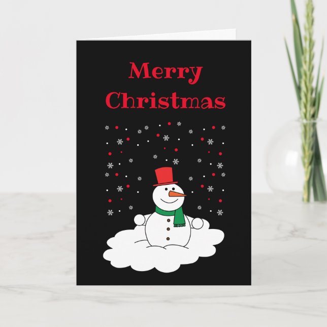 Merry Christmas Family Snowman Snowflakes Black Holiday Card (Front)